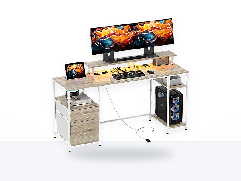 HOMCOM Mesa de Escritorio Mesa de Ordenador con Luces LED Estantes